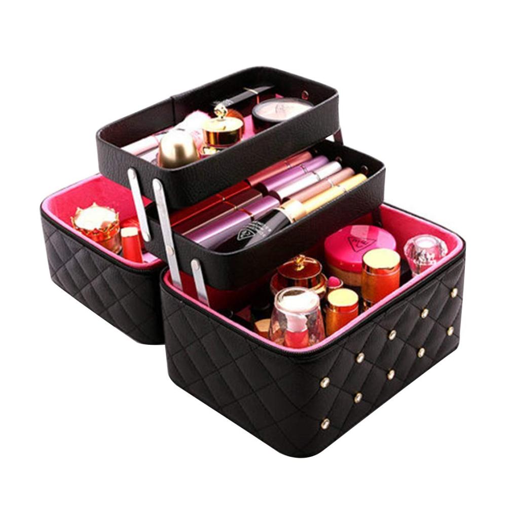 3-stufiger Schminkkoffer mit Spiegel - Kompakte Reise-Kosmetiktasche (25 * 19 * 21cm) in Schwarz Rosa & Pink