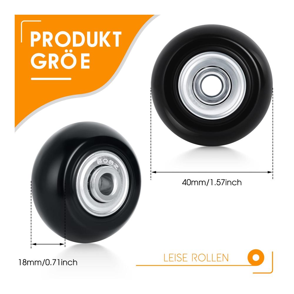 Gepäckrollen-Set 4 Universal-Ersatzräder für Koffer & Trolleys mit Montagewerkzeug - Schwarz (40mmx18mm