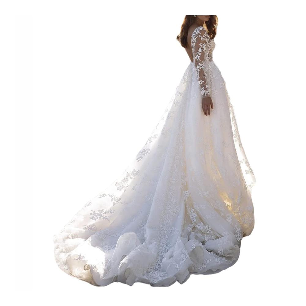 Langarm Hochzeitskleid mit Tüllsplit - Elegantes Damen Ballkleid