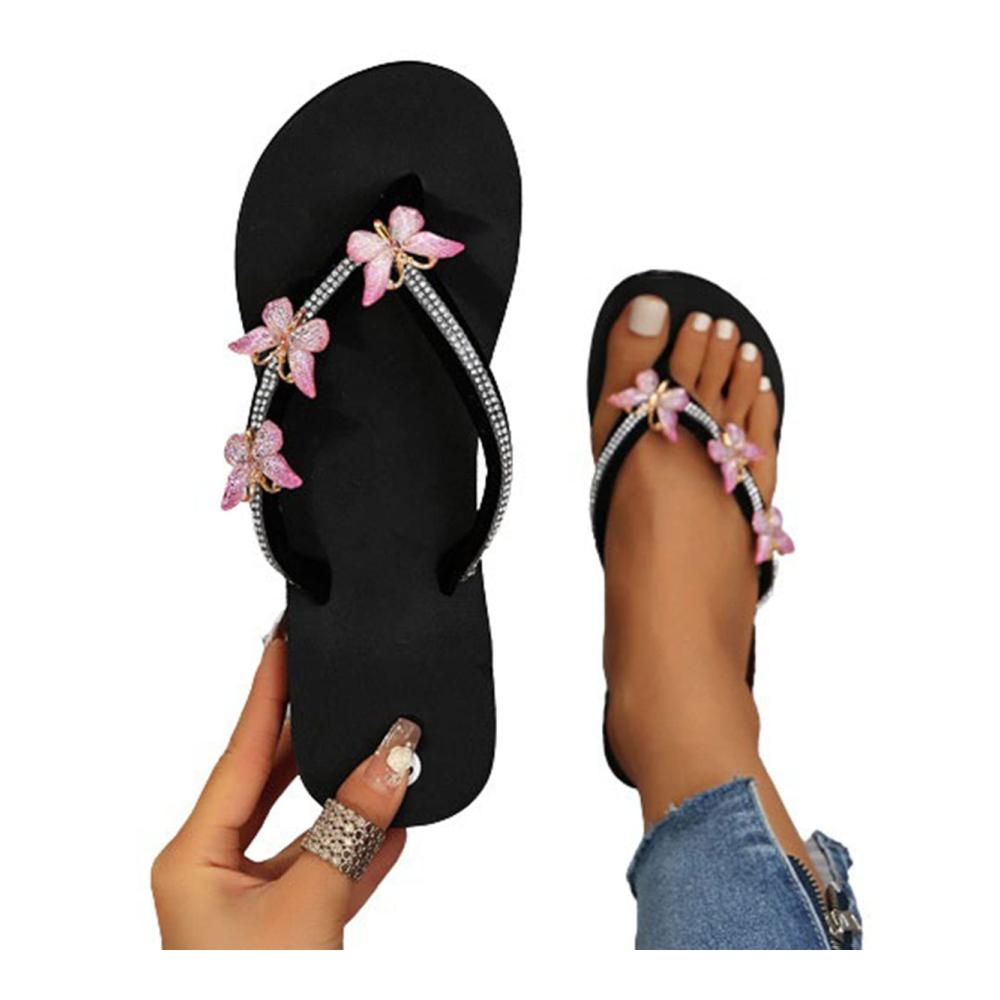 Schmetterlings-Strass-Flip-Flops für Damen mit Keilabsatz - Bequeme Zehentrenner und dicke Strandsohle