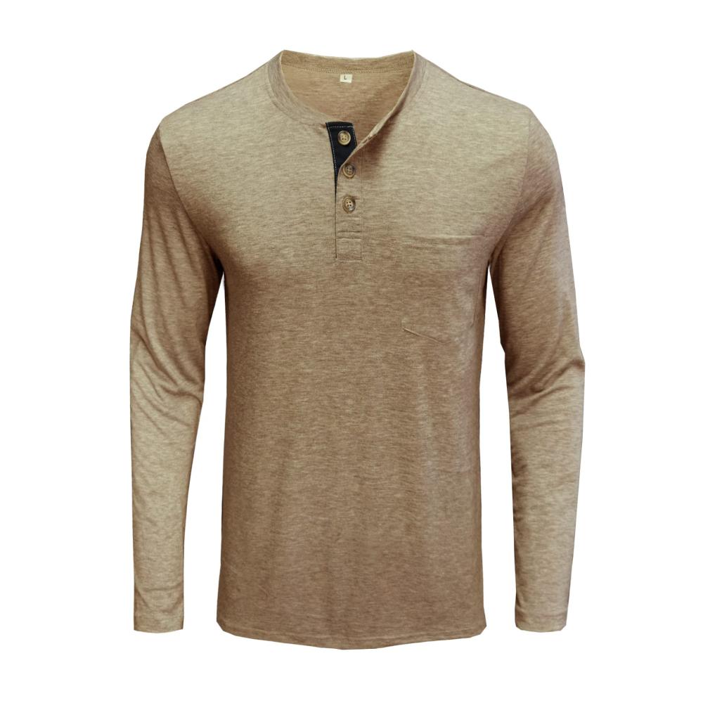 Herren Henley Langarmshirt mit Brusttasche - SwissWell Langarm Casual Shirt in Braun - Baumwolle mit Knopfleiste - Frühling M