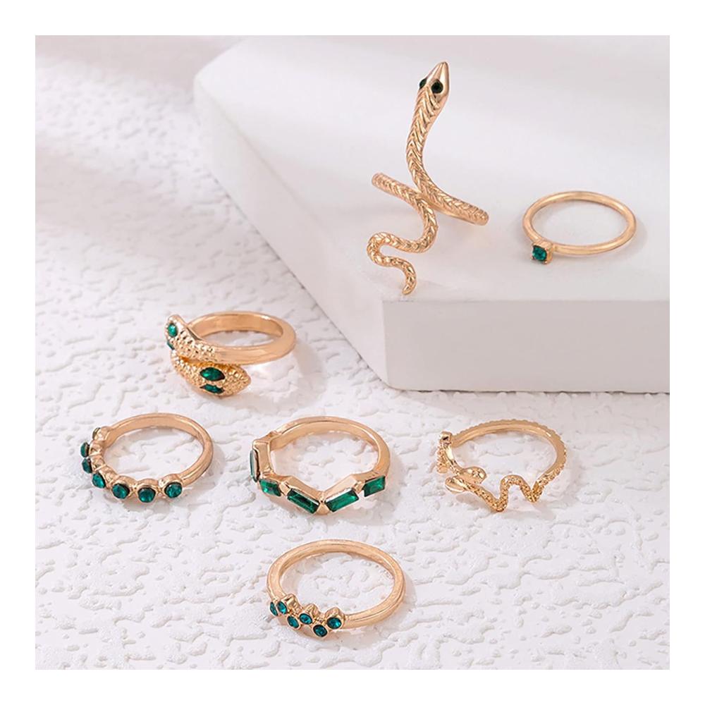 Boho Smaragd Schlange Ring Set - Goldene Serpent Finger Ringe mit Kristallakzenten für Frauen - Vintage Midi Ringe für Knöchel - Schmuckgeschenke
