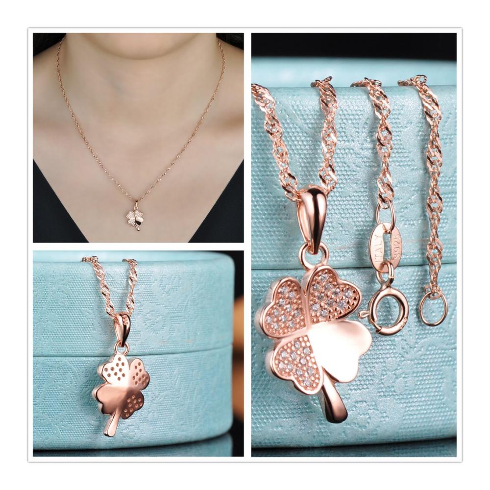 Roségold Schmuck-Set 925 Sterling Silber Zirkonia Vierblättriges Kleeblatt Charm - Damen Armband & Halskette - Elegantes Armkettchen mit Anhänger