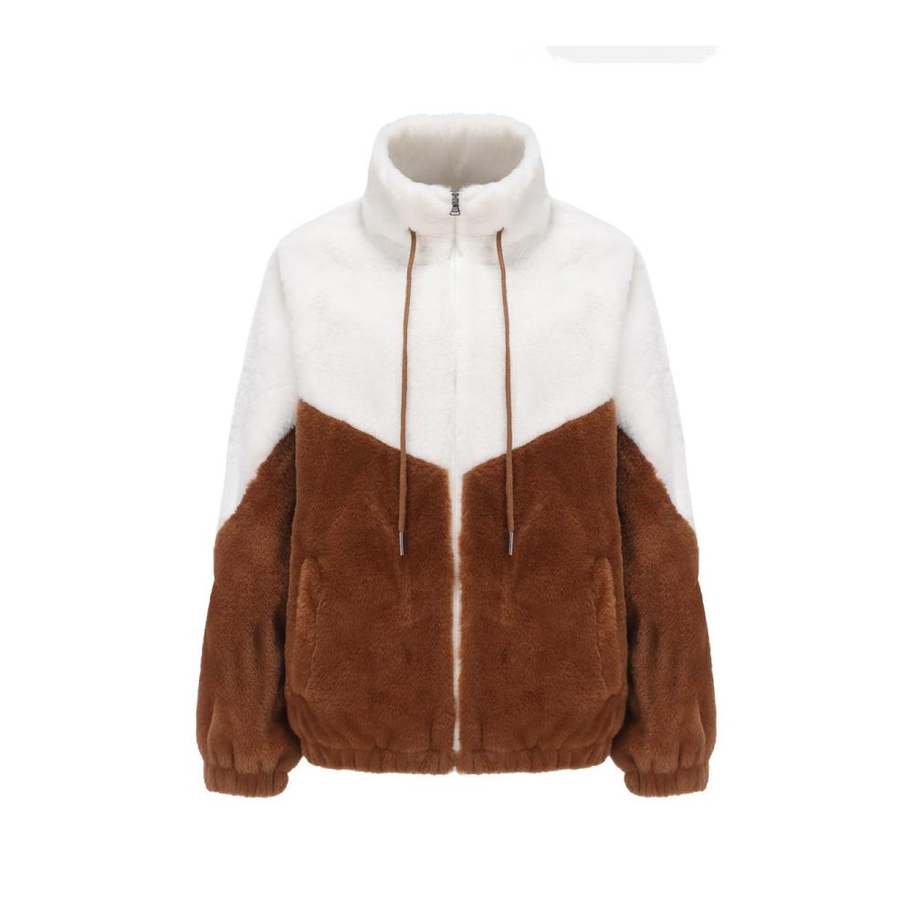 Damen Fleecejacke mit Kunstpelz Verdickt und Warm Langarm Reißverschluss Hoher Kragen Herbst/Winter Pelzige Kurzjacke Doppeltes Patchwork in Trendigen Farben