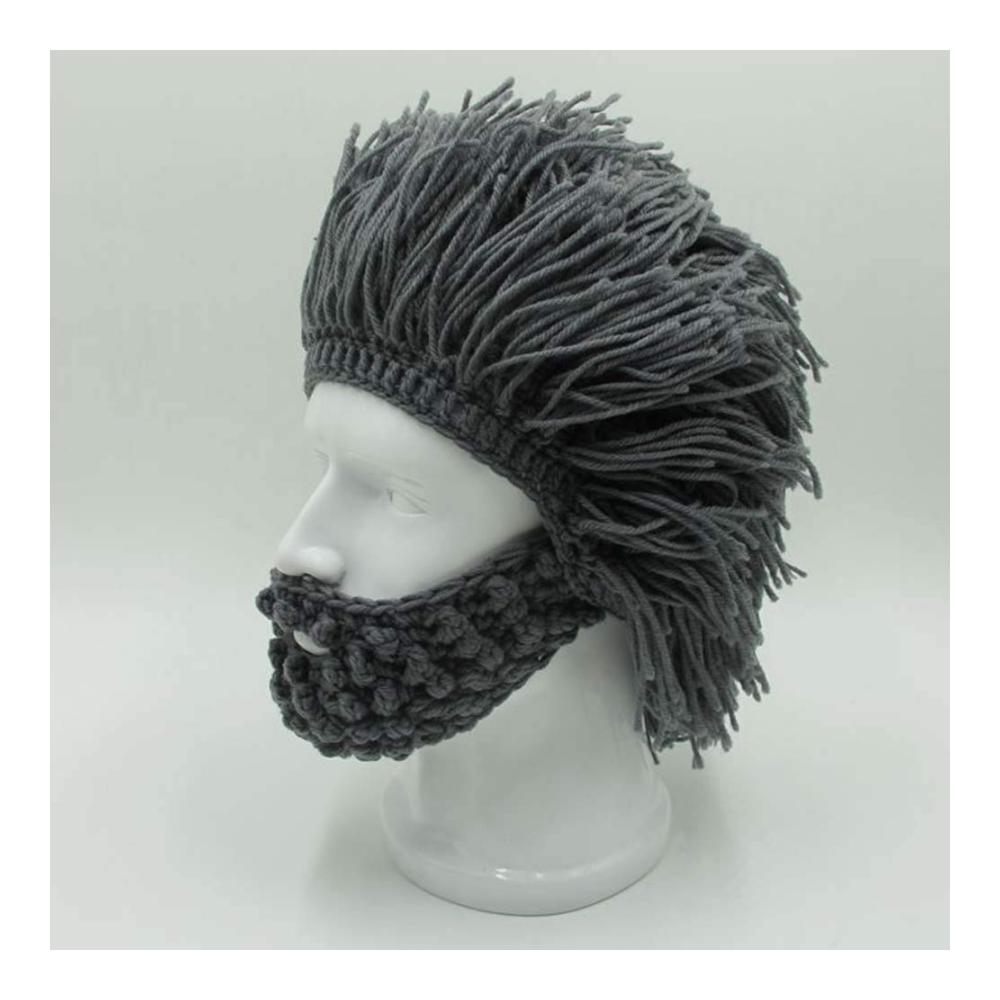 Handgemachte Barbarian Beanie Cap für Kinder und Erwachsene – Wikinger-Strickmütze mit Bartdetails lustige Skull Cap in Grau Große Größe