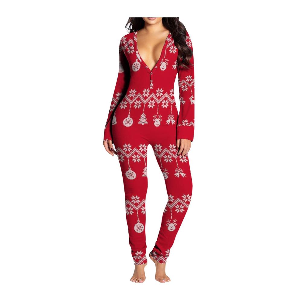 Eleganter Damen-Jumpsuit mit Knopfrückklappe - Romantischer Homewear-Overall mit V-Ausschnitt und sexy Hinterteil-Knopfleiste für stilvolle Nachtwäsche