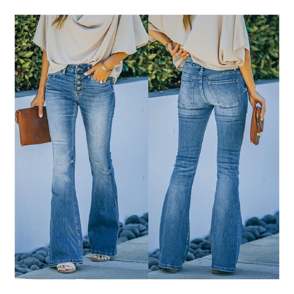 90s Vintage Button Fly High Waist Flare Leg Jeans - Stylish Relaxed Fit Denims with Stretch for Women and Juniors