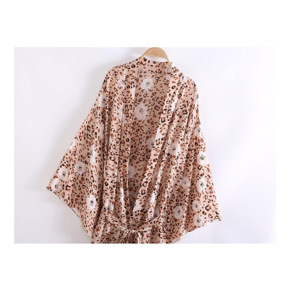 Bohemian Leopardenmuster Pareo & Strandkleider Set für Damen – Stilvoller Kimono Cardigan Mittellanger Strandrock und Trendiges Strandtop