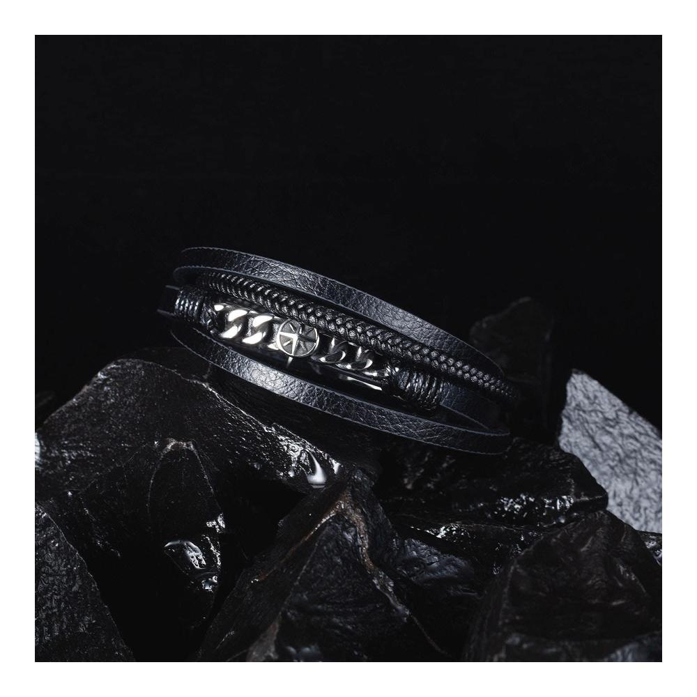 Kompass Wickelarmband Geflochtenes Schwarzes Leder mit Edelstahl-Kompass - Breites Armband für Männer mit Magnetverschluss