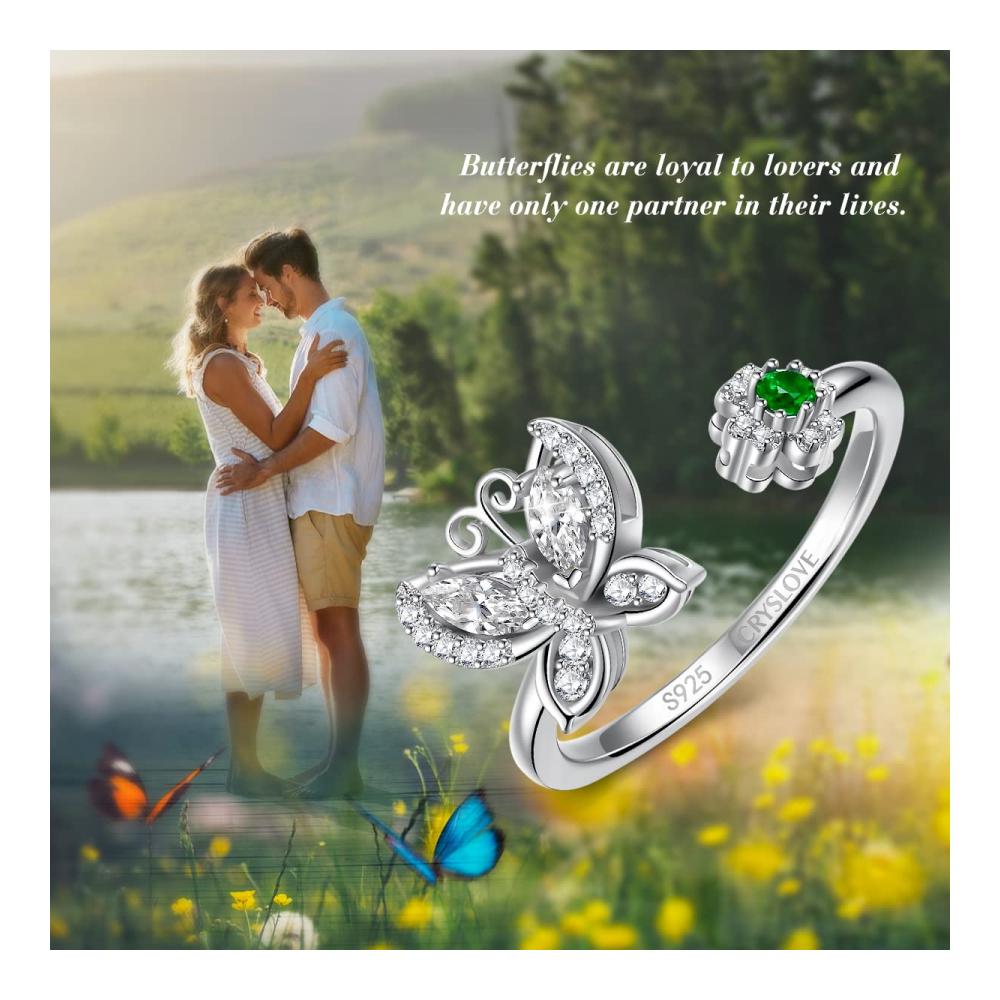 925 Sterling Silber Schmetterling Spinner Ring - Damen Angst & Fidget CZ Band - Verstellbarer Anti-Stress Ring mit Geschenkbox