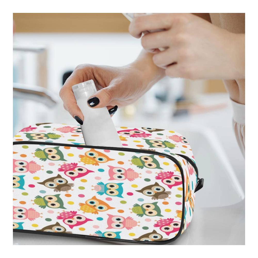 Bunte Eulen Kulturtasche für Damen und Herren - Praktischer Kulturbeutel mit Punkten ideal als Kosmetiktasche Make-up-Tasche Handtasche oder Organizer mit Reißverschluss. Tragbare Waschtasche für Mädchen und Tiervogel-Liebhaber – Perfektes Rasierset und Organizer fürs Badezimmer