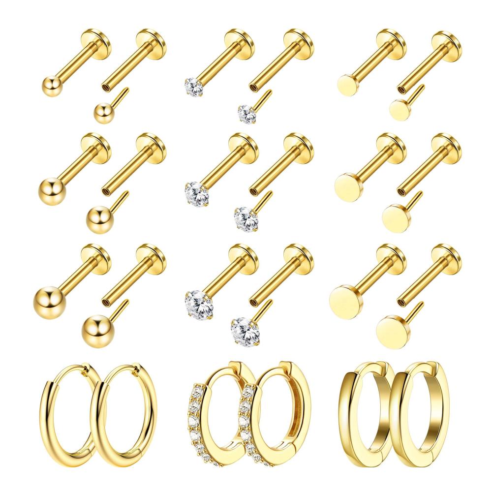 18 Karat vergoldete Edelstahl-Ohrstecker 12 Paar winzige Sets für mehrere Piercings & Knorpel-Creolen