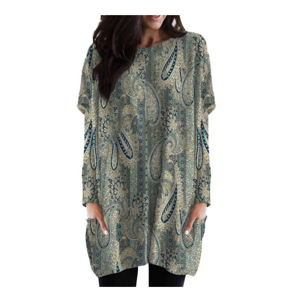 Damen Langarmshirt mit Blumendruck und Taschen - Lässiges Rundhals-Kleid lockeres Oberteil in Übergröße