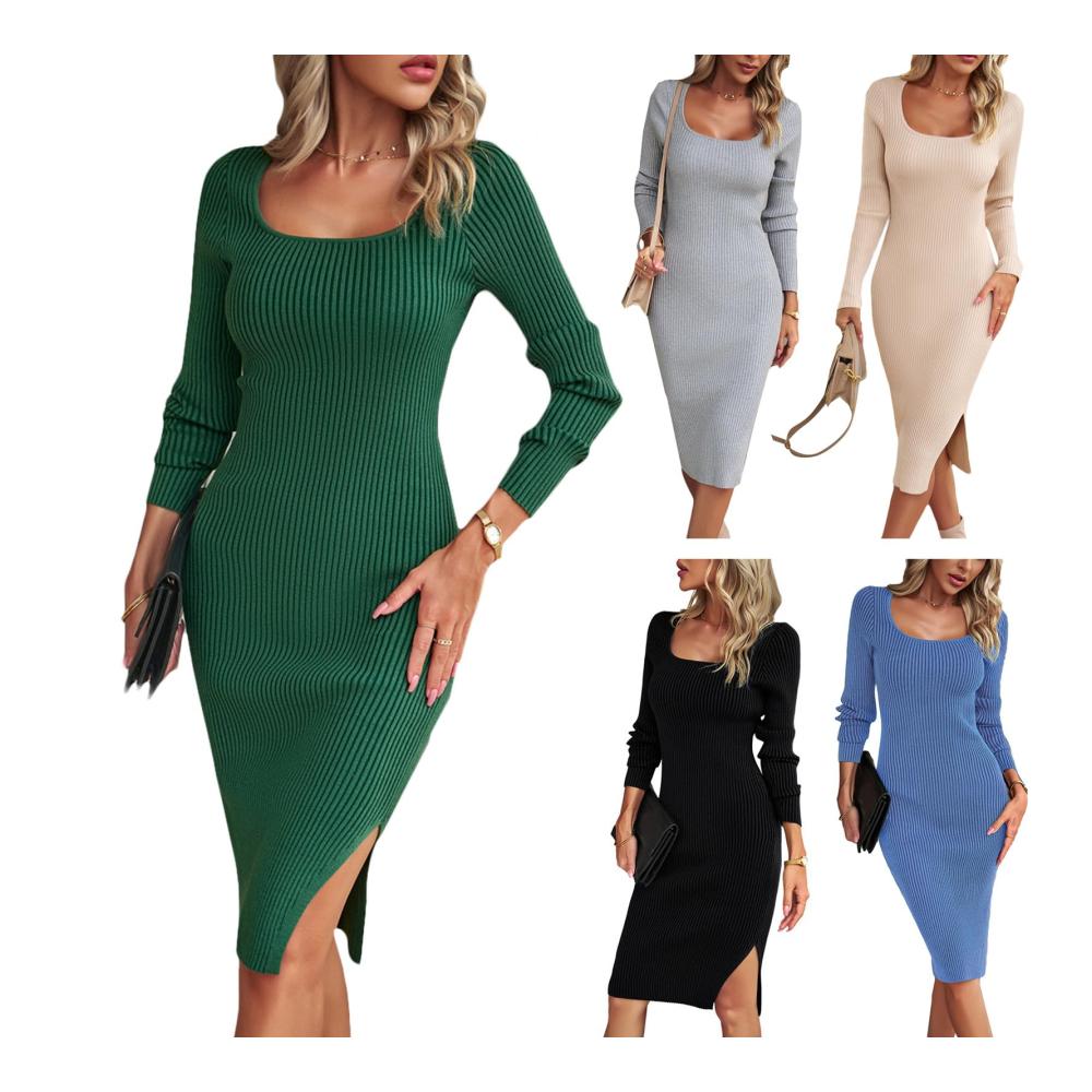 Elegantes Midi-Strickkleid für Damen Herbst/Winter Langärmlig mit Quadratausschnitt - Einfarbiges Geripptes Design - Streetwear & Vintage Häkelstrick Elemente