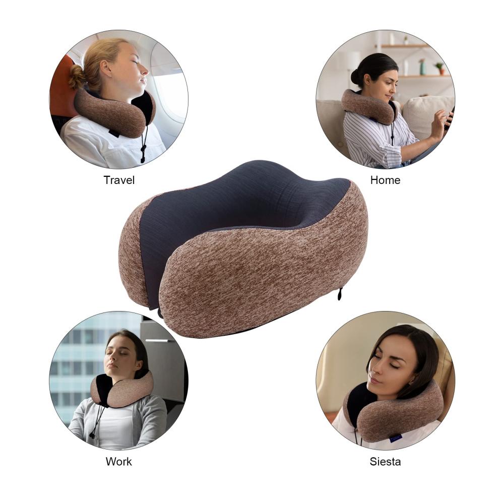Braunes Memory Foam Reisekissen mit Aufbewahrung Augenmaske & Ohrstöpseln - Ideales Nackenkissen für Flugzeug Bus Bahn & Camping