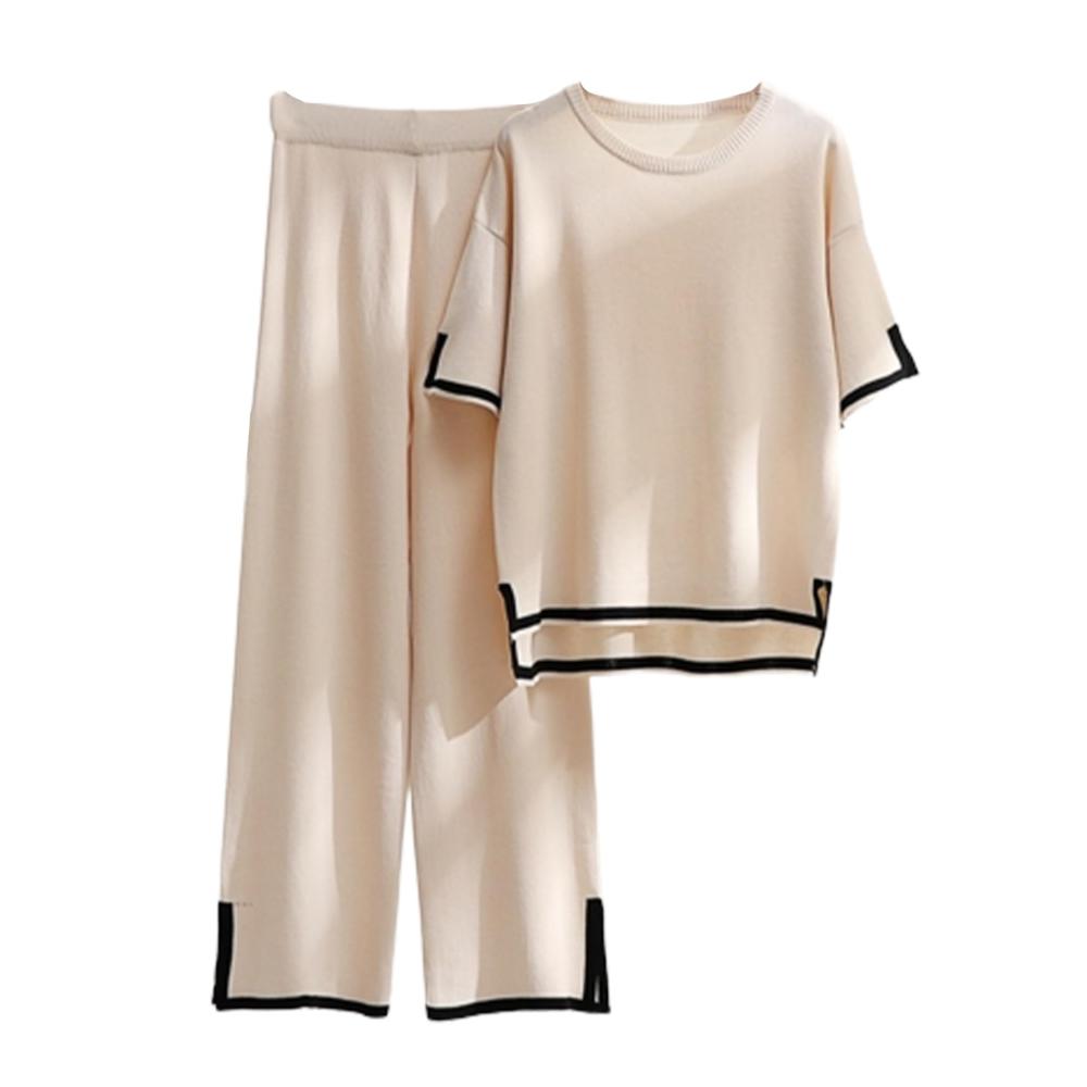 Damen Lounge-Set Strick Trainingsanzug mit Pullover hoher Taille und weitem Bein - 2-teiliges Retro-Ensemble
