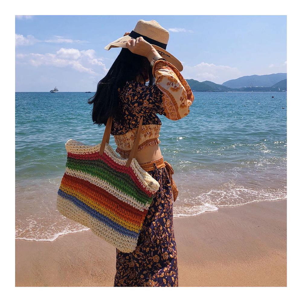 Sommer-Strandtasche Damen Bunte Stroh-Handtasche mit Ledergriffen Henkeltasche Crossbody und Bast - Einkaufstasche für stilvolle Shopper