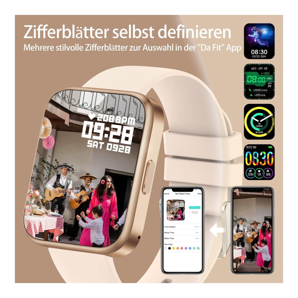 Fashion Smartwatch mit Telefonfunktion Lautsprecher Blutdruck Puls- und Kalorienzähler Schrittzähler Whatsapp 1.69 Zoll Touchscreen - Damen/Herren Fitnessuhr & Laufuhr