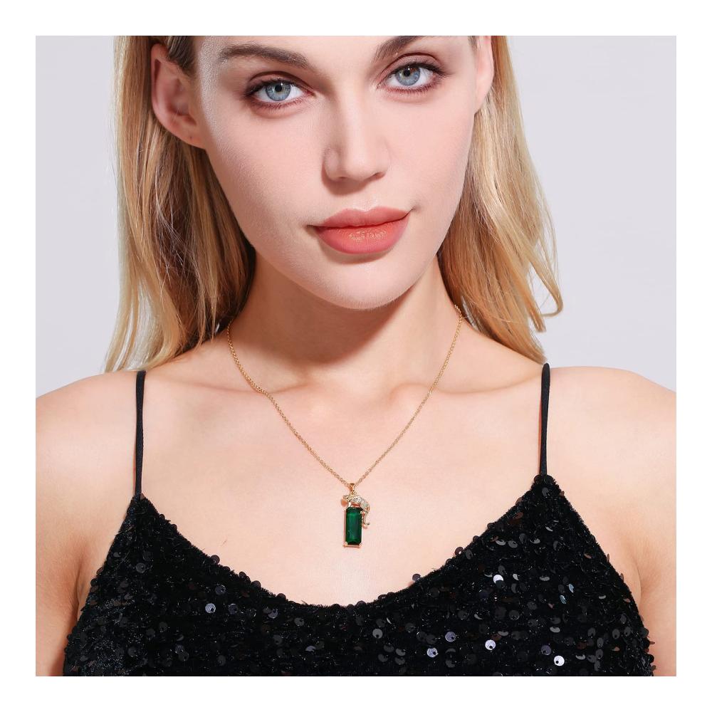 14K Gold Überzogene Damen Halskette mit Grünen Kristall-Leopard-Anhänger - Hip-Hop Punk Panther Schmuckgeschenk