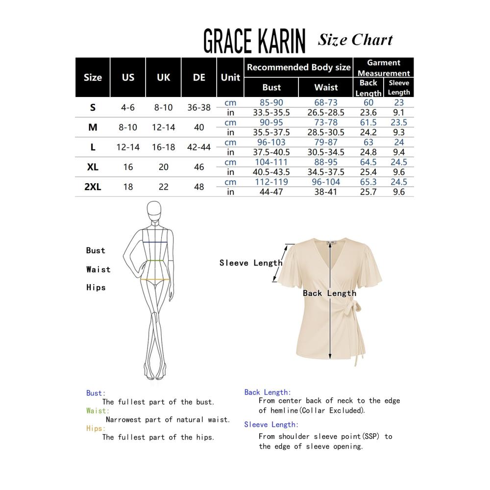 Blusen & Tuniken GRACE KARIN Damen Wickelbluse - Elegante V-Ausschnitt Tunika aus Fließendem Chiffon mit Kurzarm Loose Fit Sommer Top für Freizeit und Basic Looks