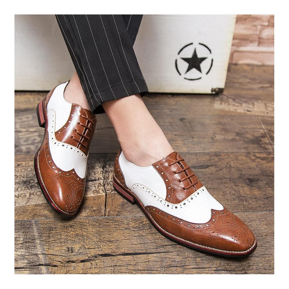Oxford Herren Schnürhalbschuhe Elegante Brogue Patchwork Lederschuhe mit Atmungsaktivität Niedriger Schnürung für formelle Anlässe