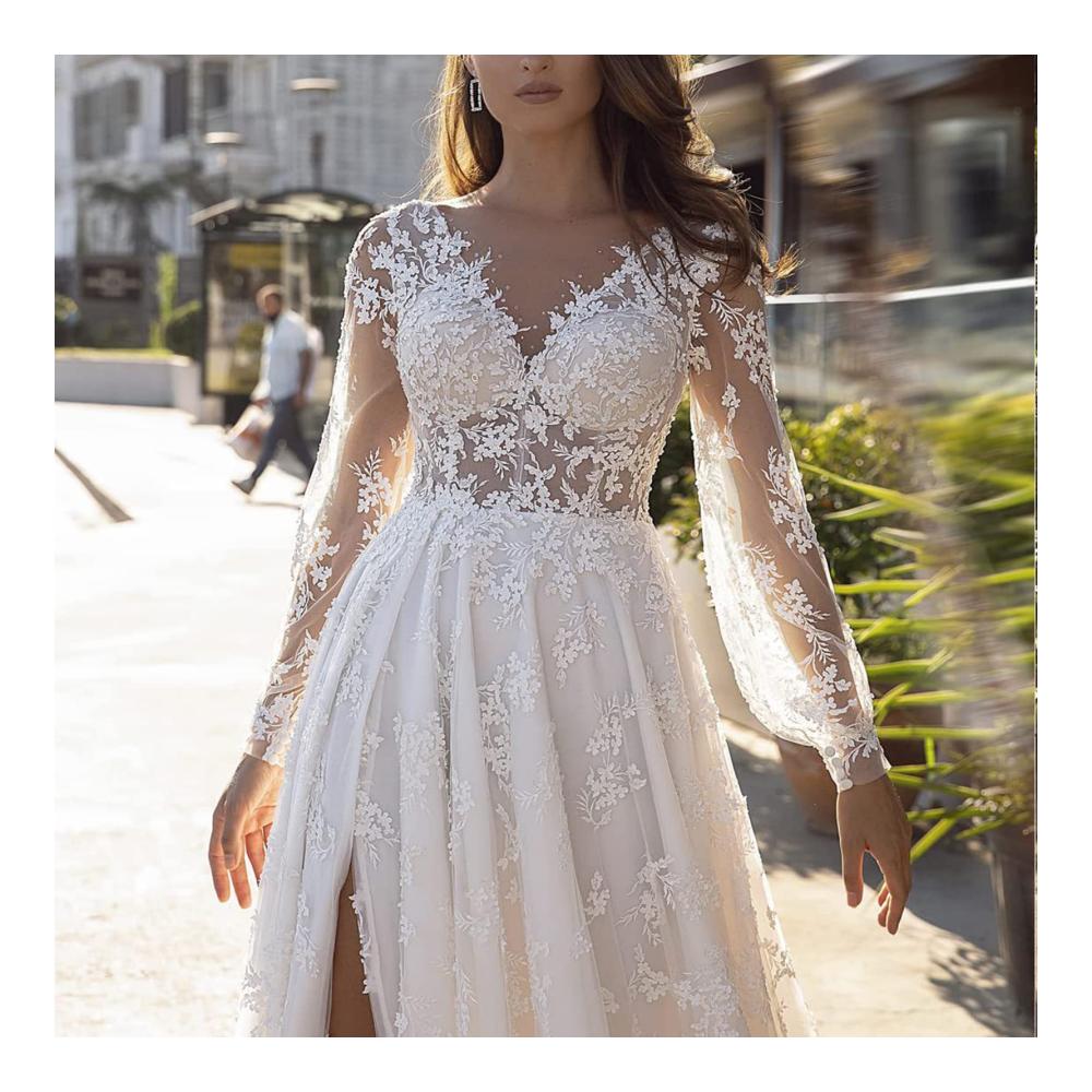 Langarm Hochzeitskleid mit Tüllsplit - Elegantes Damen Ballkleid