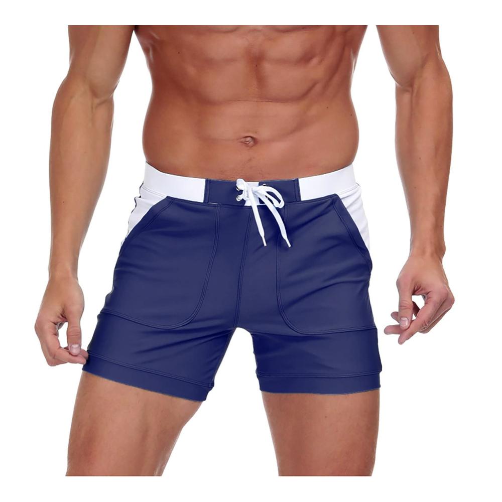 Herren-Badehose Lange Schwarze Doppellagige Strandshorts mit Viertelquadratecken und Schnürverschluss