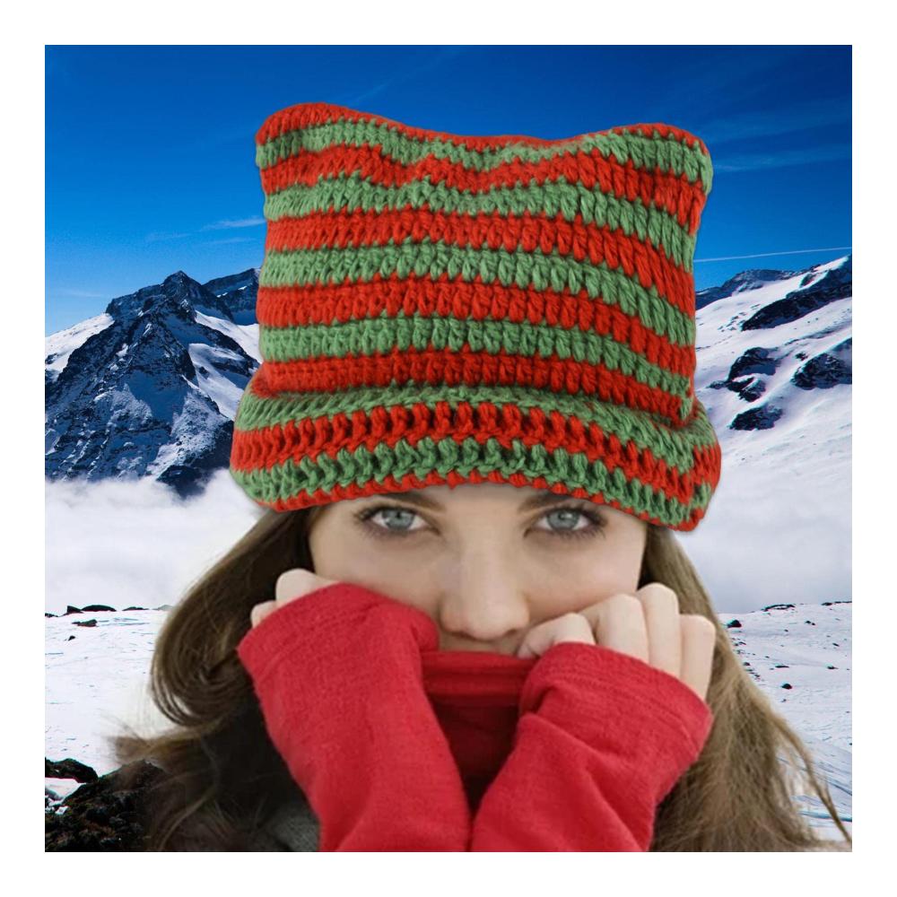 Niedliche Strickmütze mit Katzenohren für Damen und Herren - Winter-Beanie mit Streifenmuster und Thermofutter