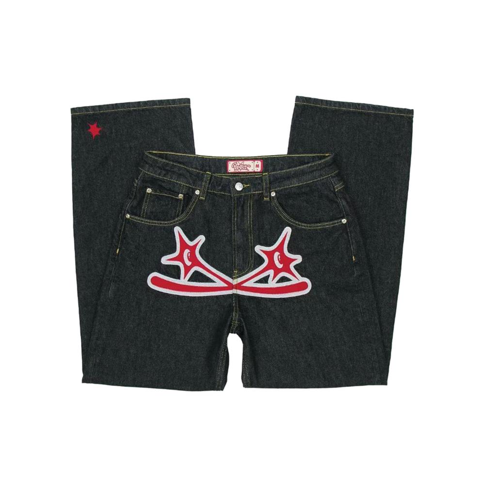 Cooles Y2K Jeans Modell mit Baggy Passform Cargo Details und Hip-Hop Aufdruck