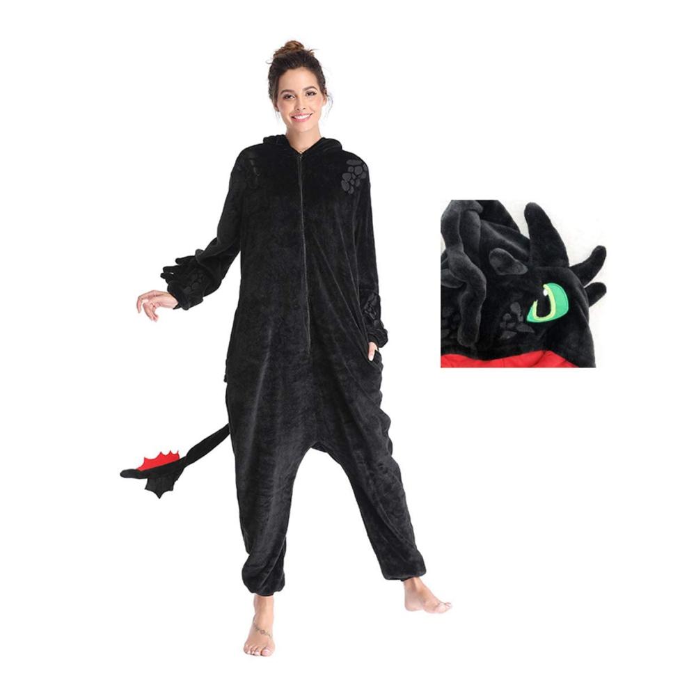 Einteiler Zahnloser Drache Onesie - Flauschiger Pyjama für Winter Weihnachten Halloween - Cosplay Kostüm aus warmem Flanell - Tiermuster Homewear für Damen und Herren