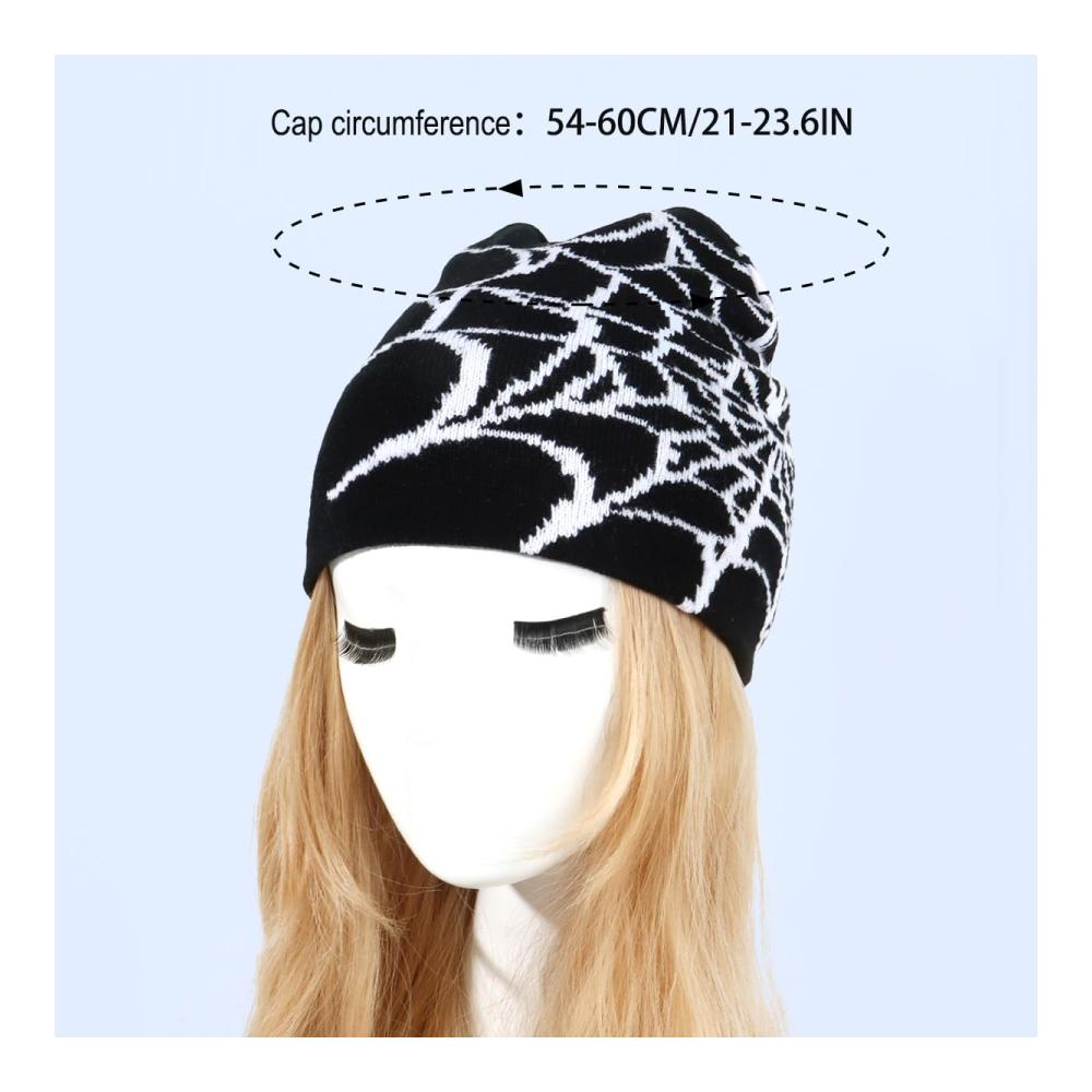 Gestrickte Y2K Gothic Spider Mütze – Unisex Winter Slouchy Beanie mit Warmfutter