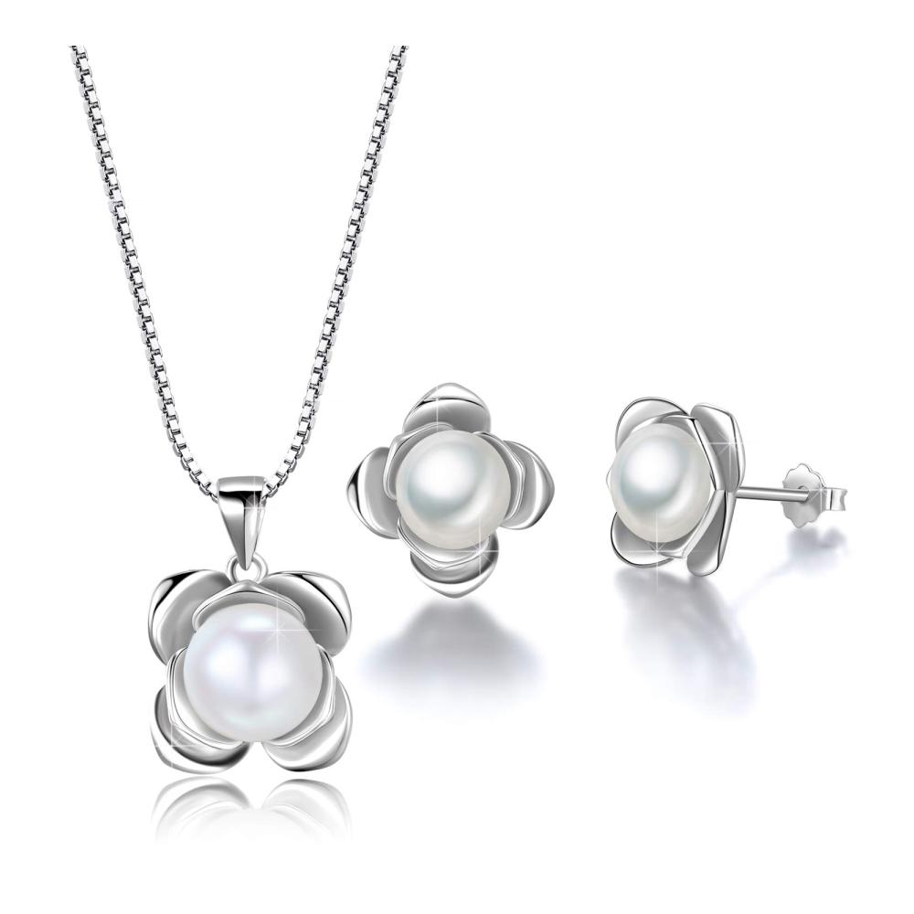 Rose Blume Perlen Schmuck-Set Halskette & Ohrringe aus 925 Sterling Silber mit Süßwasserperlen - Ideales Damen Geschenk