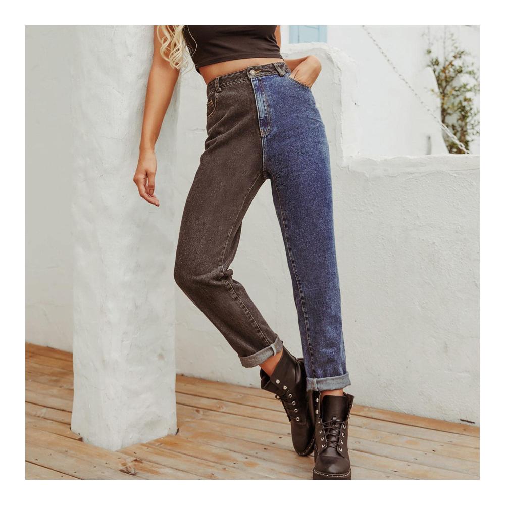 Damen High Waist Jeanshose - Straight Leg Instant Relaxed Fit in Schwarz-Blau Two Tone Denim