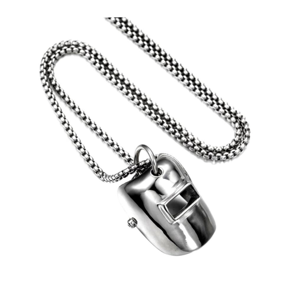 HipHop Edelstahl Halskette Set mit Schweißhelm-Anhänger - Glänzender Schmuck für Männer und Frauen (Silber