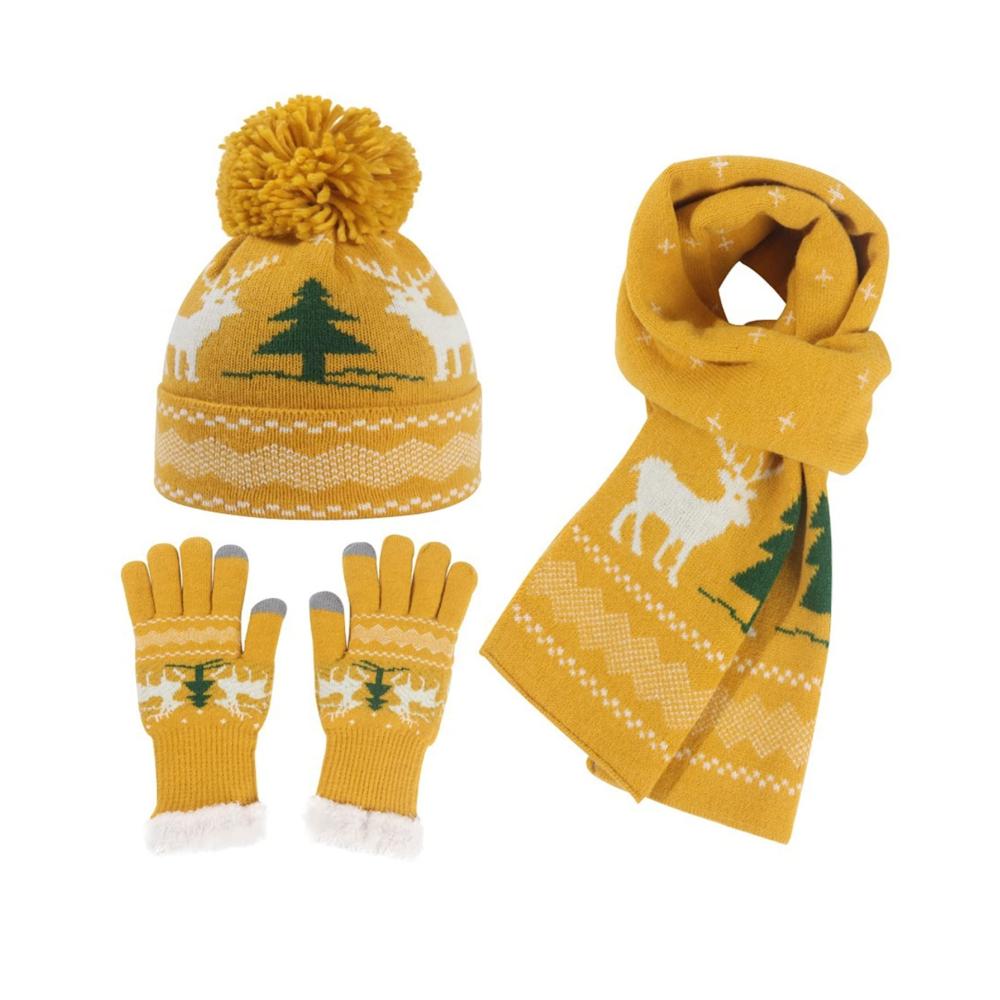 Weihnachts Geschenkset Damen Mütze Schal & Handschuh - Winter Strickset mit Bommelmütze