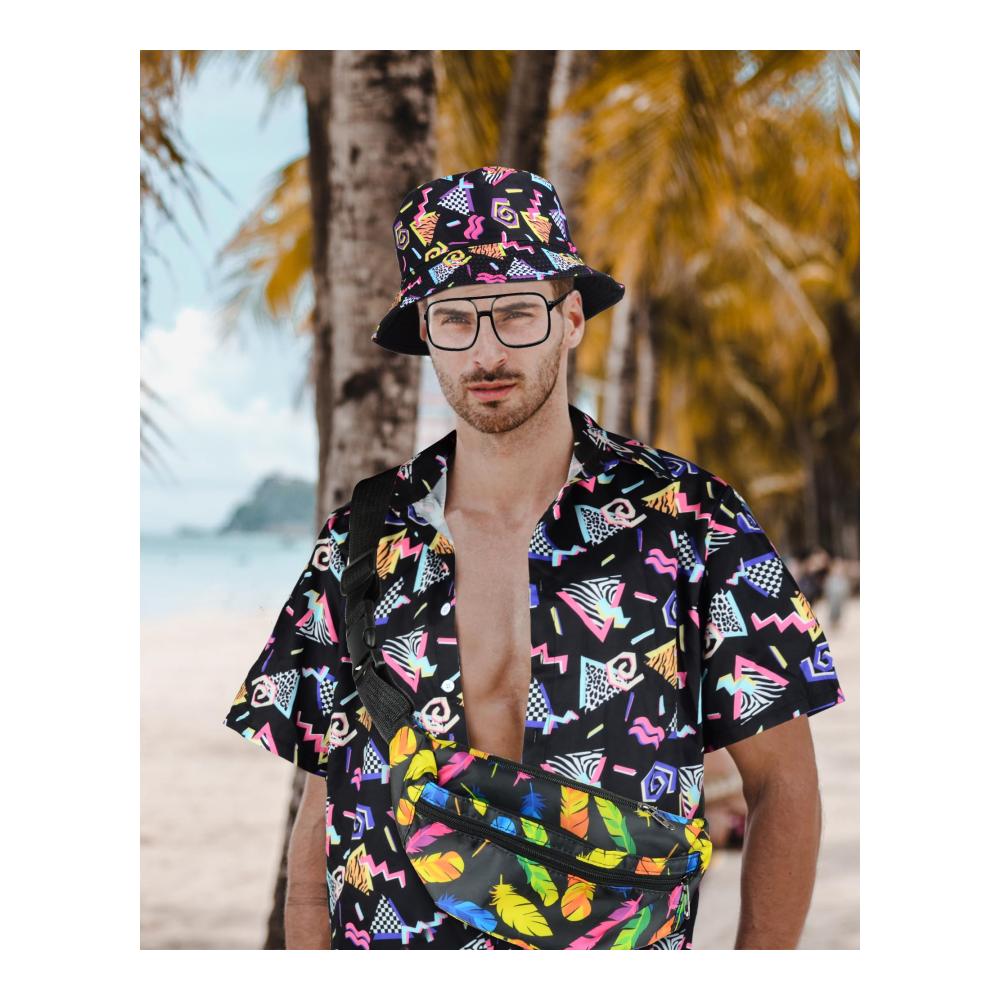 80er Jahre Trainingsanzug Set mit Rapper Accessoires für Herren - Hip Hop Kostüm mit Eimer Hut Gläsern und Bauchtasche - 90er Jahre Party Outfit für Erwachsene