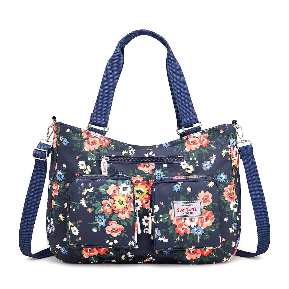 Große Damen Nylon Handtasche Wasserdichte Schultertasche mit Modemuster und Mehreren Taschen