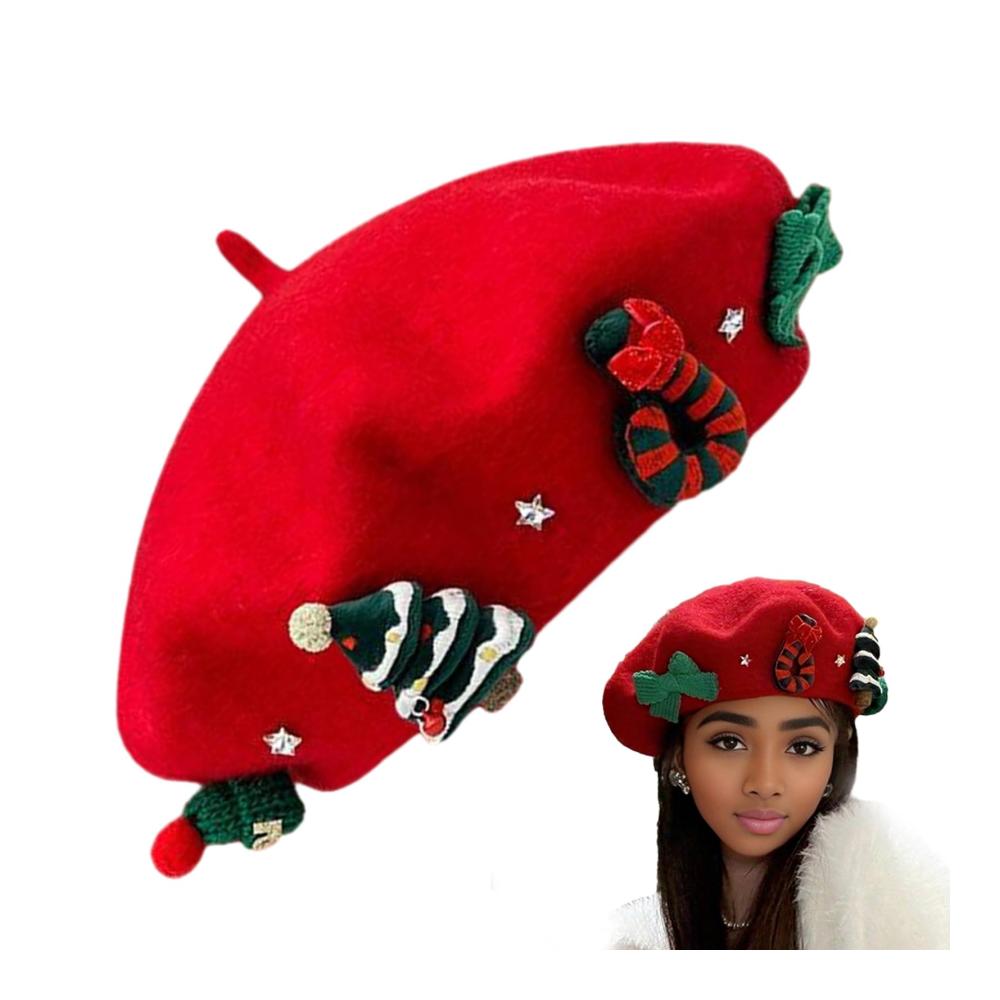 Weihnachtsbaskenmütze & Barette aus warmer Wolle für Damen - Modische Wintermütze für festliche Anlässe