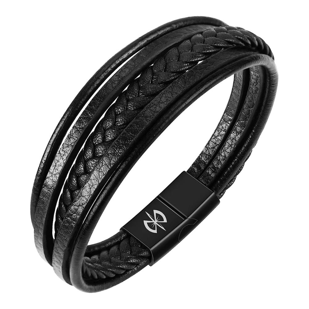 Herren Armband Set Leder Edelstahl & Naturstein - Magnetverschluss - Schmuckschachtel inklusive