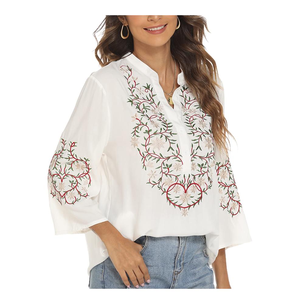 Boho Blusen & Tuniken Vakakado Mexico Besticktes Shirt für Frauen mit Folklore-Floral-Design 3/4 Ärmel V-Ausschnitt