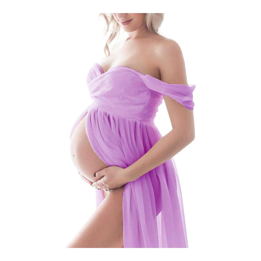 Umstandskleid QREXVOG Damen - Elegantes Off-Shoulder Tüll Maxikleid mit Schlitz für Schwangerschaftsfotoshootings