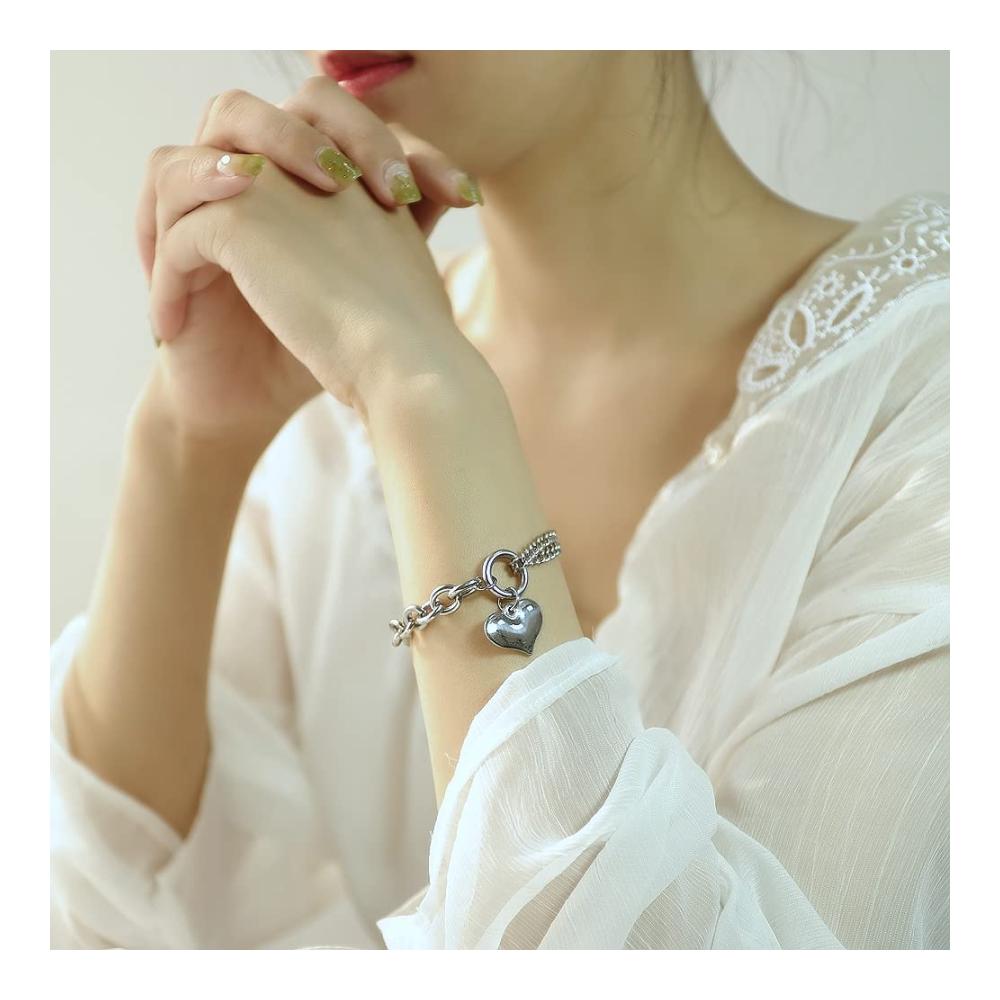Damen Edelstahl-Armband mit Herz-Anhänger in Silberfarbe - Elegante OSTAN Armbänder