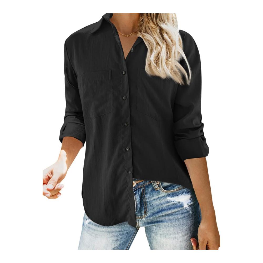 Leinenhemd Damen Elegante Langarm Bluse mit Knopfleiste Revers und Brusttasche - Leinenbluse & Tunika aus Baumwolle in trendiger Einfarbig Optik