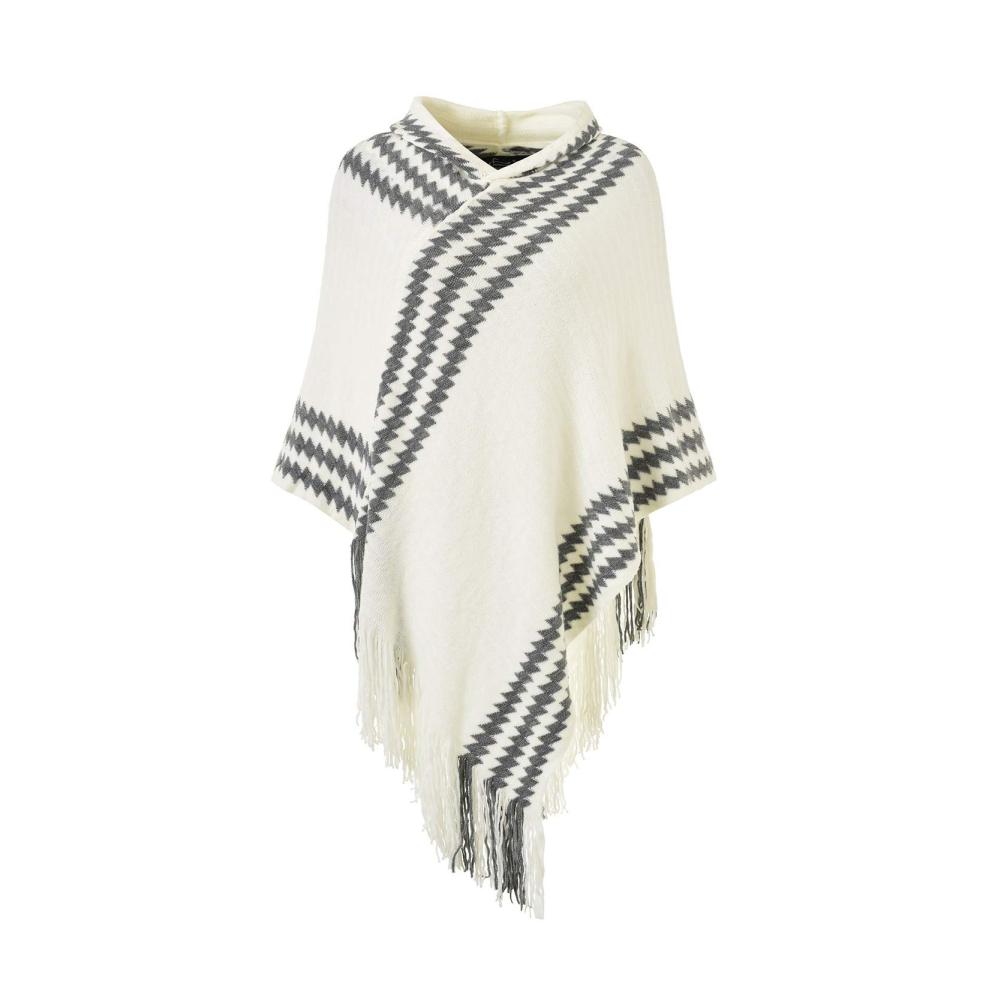 Gestreifter Damen Poncho mit Zickzackmuster Kapuze und Fransen – Bequemer Strick Pullover für stilvolle Eleganz