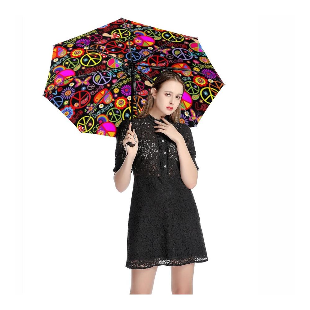 3-fach faltbarer Taschenschirm für Damen und Herren | Automatisches Öffnen | Peace And Love Design | Kompakter Regenschutz