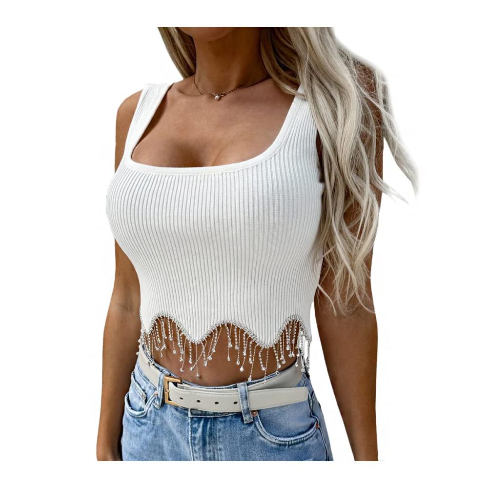 Strass-Fransen Damen Tanktop Ärmelloses Crop Top mit geripptem Design