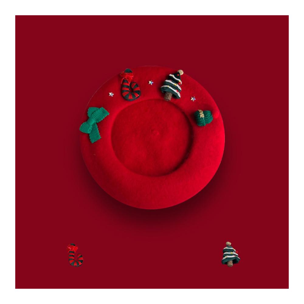 Weihnachtsbaskenmütze & Barette aus warmer Wolle für Damen - Modische Wintermütze für festliche Anlässe