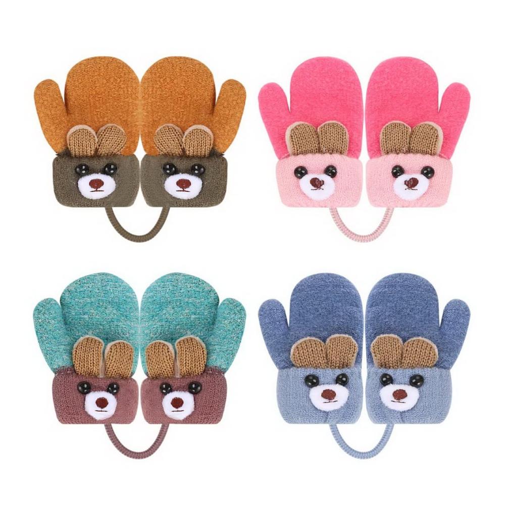 Winterhandschuhe für Kinder 4er-Pack Bär- und Cartoon-Strickhandschuhe & Fäustlinge mit Plüsch - Warme Doppelschichtige Halshandschuhe für 1-3 Jahre