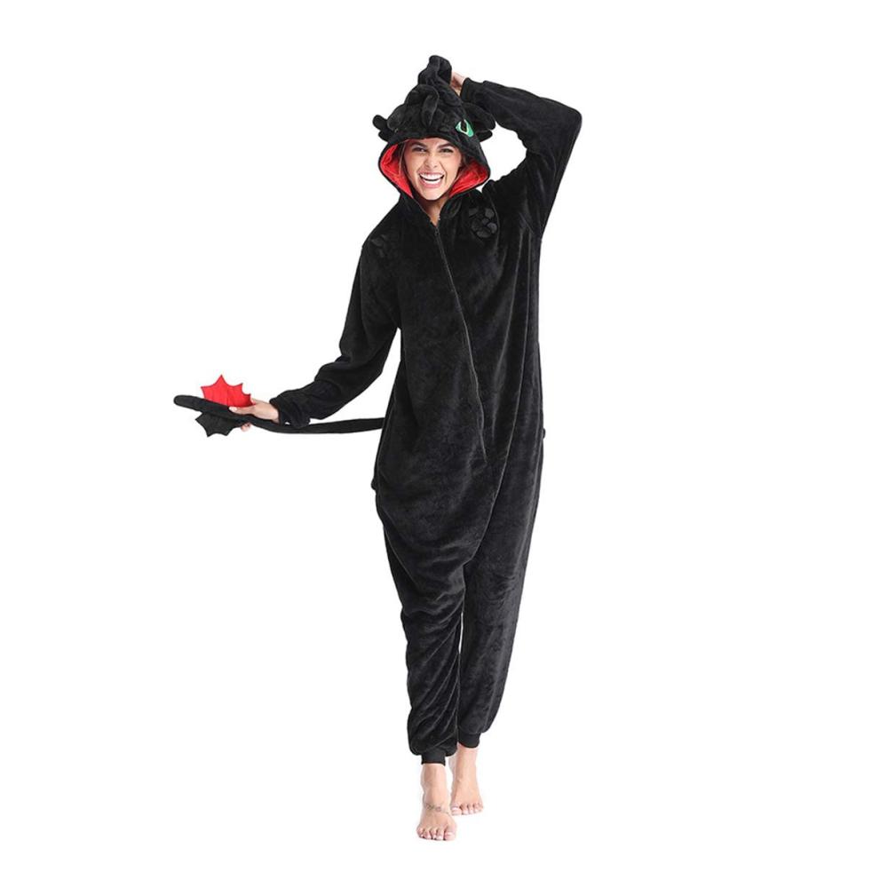 Einteiler Zahnloser Drache Onesie - Flauschiger Pyjama für Winter Weihnachten Halloween - Cosplay Kostüm aus warmem Flanell - Tiermuster Homewear für Damen und Herren
