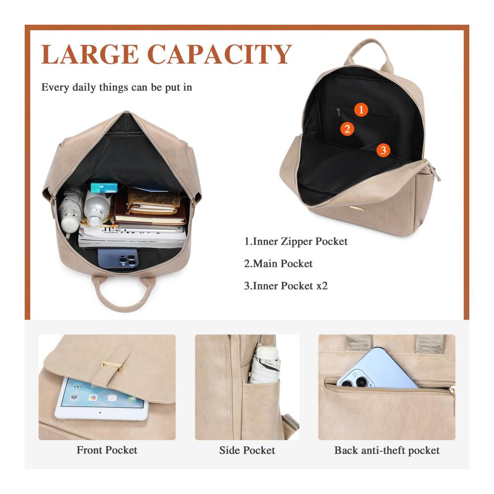 Eleganter Damen Rucksack aus PU-Leder - Großer Daypack mit Platz für 14-Zoll-Laptop
